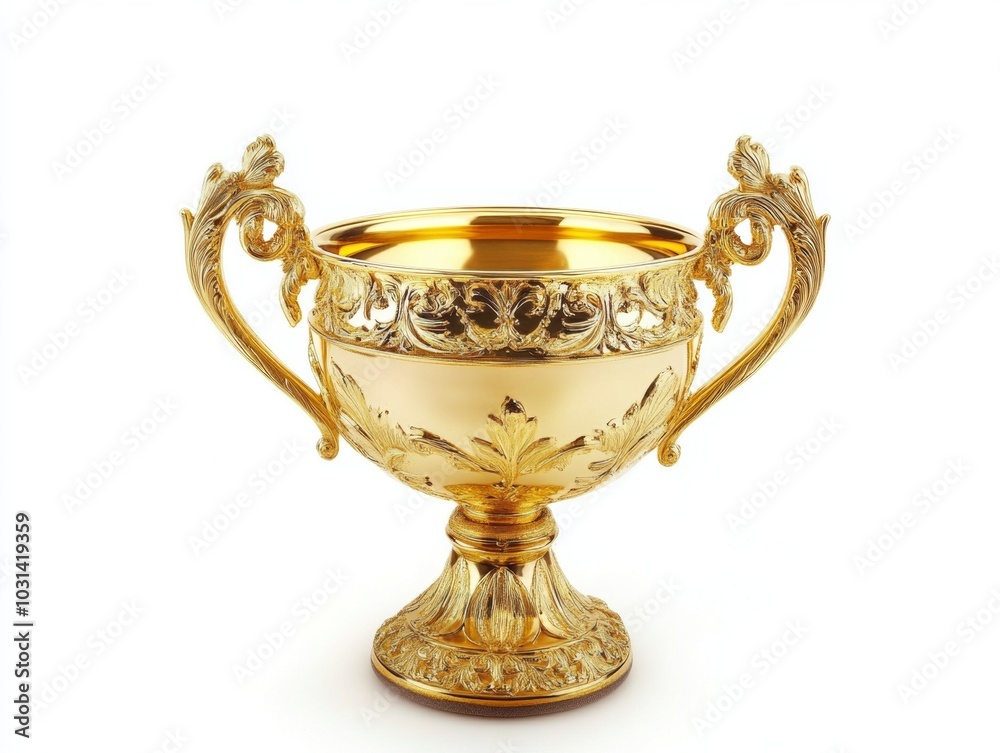 A shiny golden trophy cup with elegant handles, isolated on a white background