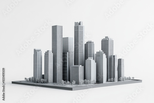 Model city: skyscrapers, roads, trees, and mini cars, detailed cityscape on a table with city planning elements.