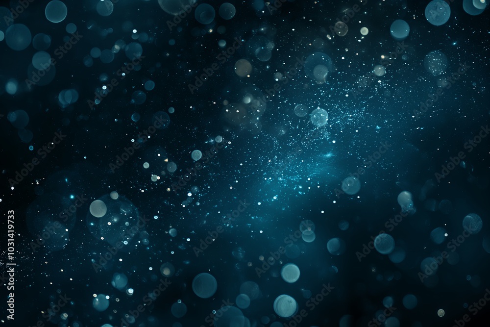 Dark Abstract Bokeh Background with Soft Glowing Blue and White Particles for Creative Design and Space-Themed Concepts