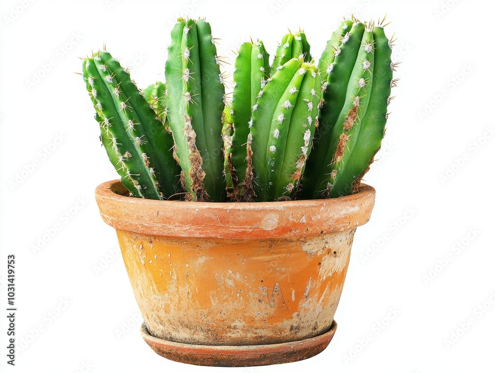 A vibrant green cactus in a clay pot, isolated on a white background A vibrant green cactus in a clay pot, isolated on a white background