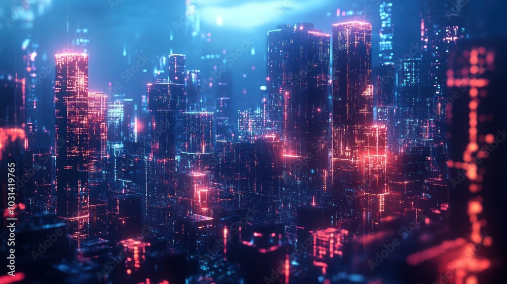 Futuristic digital cityscape made of glowing cubes AI generated image Futuristic digital cityscape made of glowing cubes AI generated image