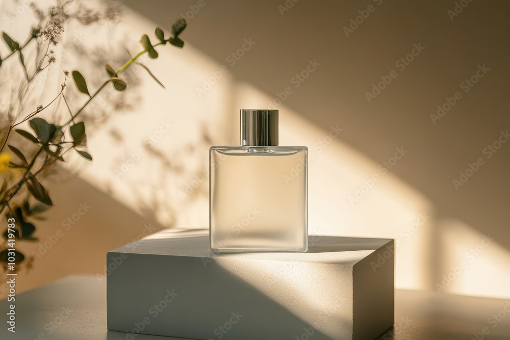 Perfume Bottle on Minimalist Display. Perfume Bottle on Minimalist Display.
