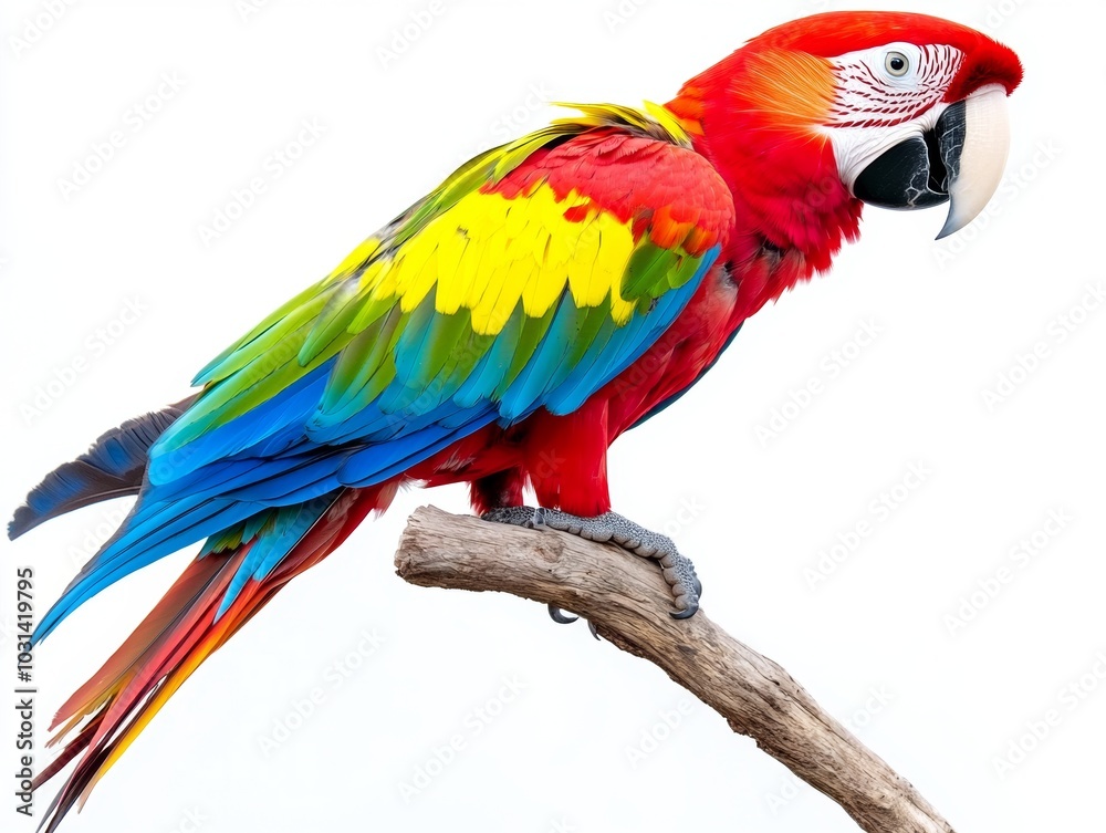 Fototapeta premium A vibrant parrot sitting on a perch, isolated on a white background 