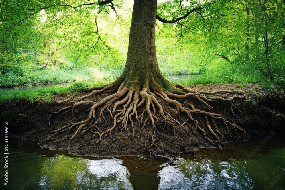 Fototapeta premium root system stretching deep into the soil, visible near a riverbank