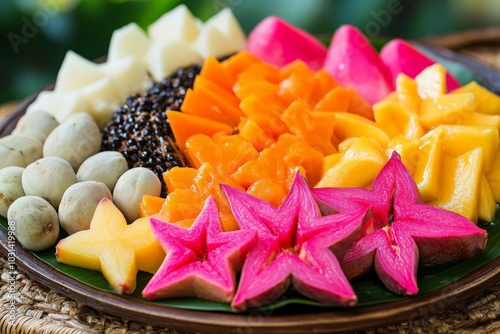 A tropical fruit platter with papaya, lychee, and starfruit, creating a colorful and exotic presentation photo