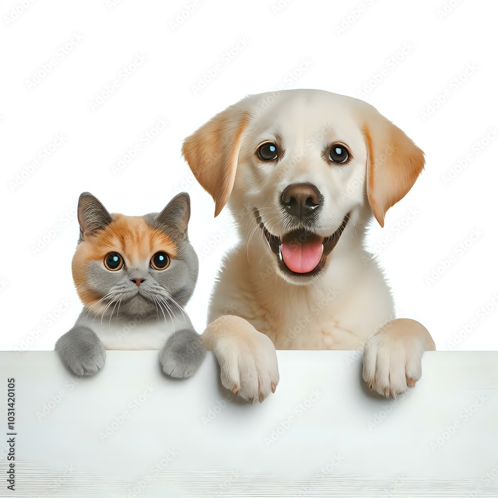 Adorable Kitten and Puppy Peeking Over a White Surface Adorable Kitten and Puppy Peeking Over a White Surface