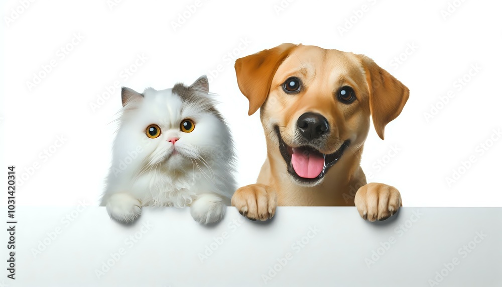 Adorable Kitten and Puppy Peeking Over a White Surface Adorable Kitten and Puppy Peeking Over a White Surface