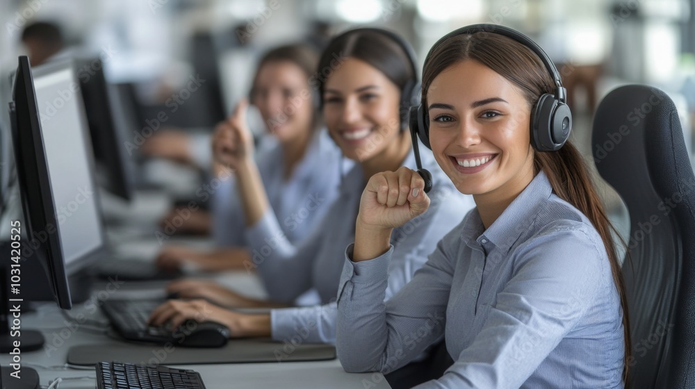 Smiling Customer Service Representative Wearing Headset at Desk Smiling Customer Service Representative Wearing Headset at Desk