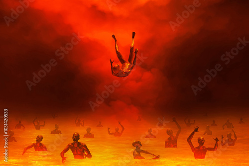 Burning people tortured in hell with smoke mist fog, Religion concept