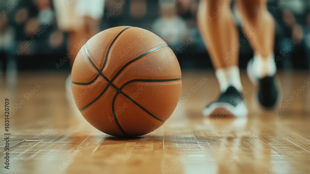 Obraz premium Close up of a basketball with blurred background showing the audience and other players. A great image for sports, action, and competition themes.