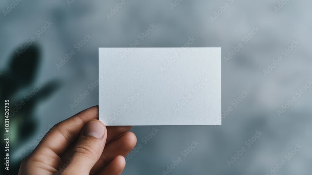 Close up of a Hand Holding a Blank Business Card in a Blurred Office Setting Close up of a Hand Holding a Blank Business Card in a Blurred Office Setting