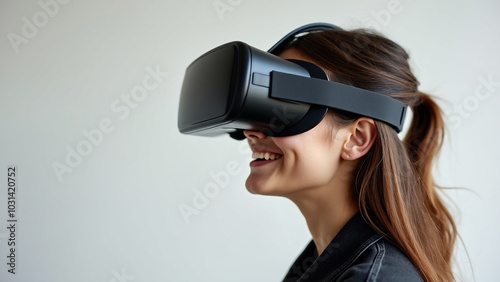 A woman wearing a virtual reality headset with a pair of virtual reality glasses.