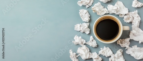 Close up of Coffee Cup and Crumpled Papers on a Gray Surface