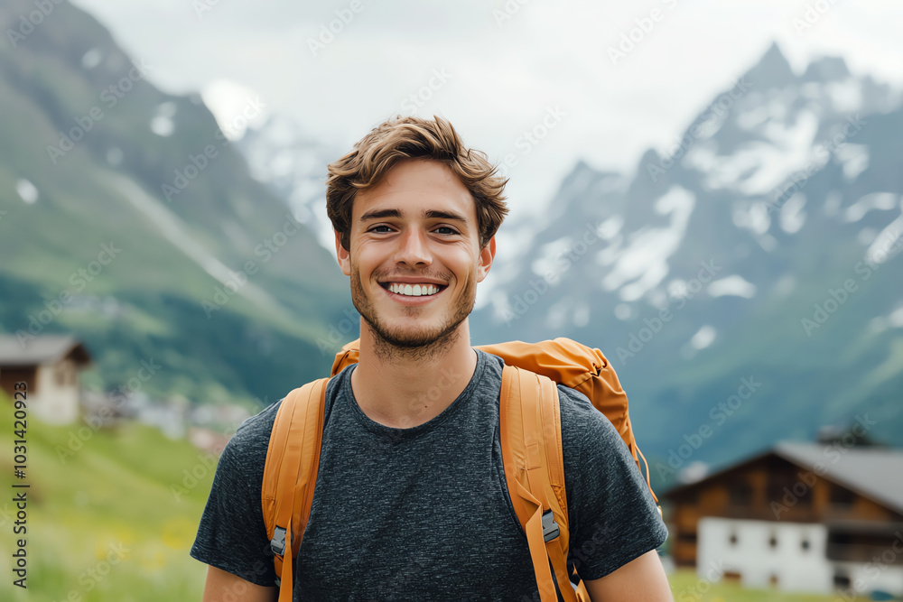 Naklejka premium Smiling man in mountain landscape with backpack