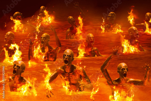 Foto Burning people tortured in hell with smoke mist fog, Religion concept