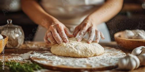 Close up of hands kneading dough on a wooden table, generative AI