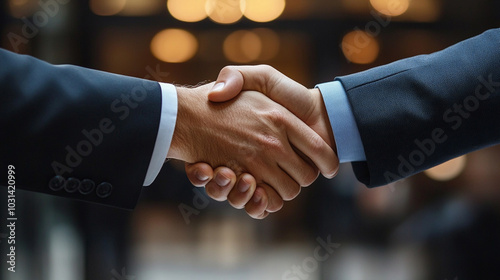 Close-up of handshake between two business people in suits, blurred office background with copy space.