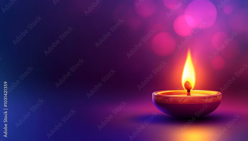Vector illustration of Diwali background on a purple and blue gradient color, with a golden oil lamp glowing in the dark Vector illustration of Diwali background on a purple and blue gradient color, with a golden oil lamp glowing in the dark