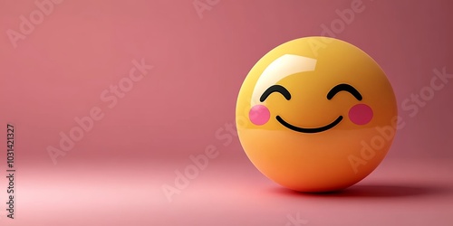 A large, 3D pink emoji positioned off-center to the left with a shy expression, blushing cheeks, and a small smile, on a smooth pink background with plenty of space for text on the right. 