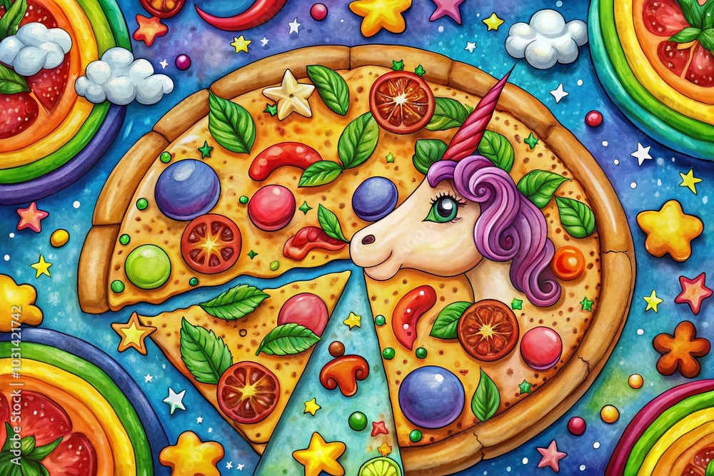 Fototapeta premium Fun Unicorn Pizza Coloring Book Page for Kids - Whimsical Food Art and Creative Color Ideas