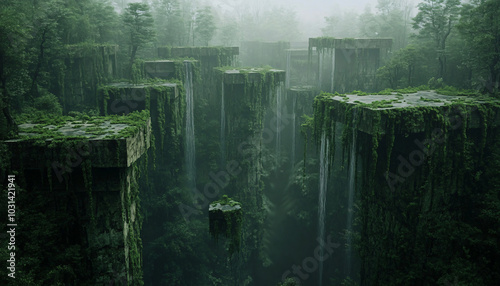 A forest overrun by ancient ruins with sections of the landscape where gravity bends unpredictably photo