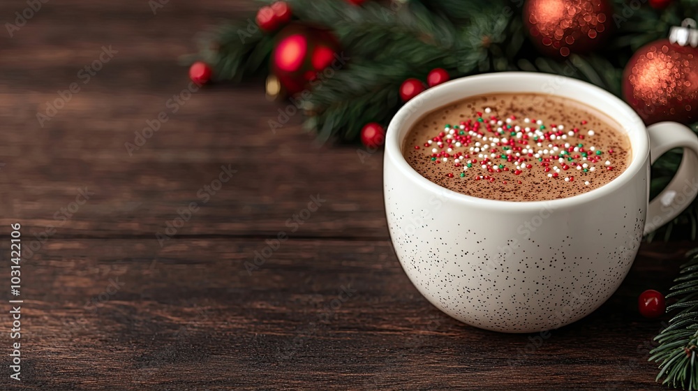 A cozy cup of holiday-themed hot chocolate surrounded by festive decorations on a rustic wooden table. A cozy cup of holiday-themed hot chocolate surrounded by festive decorations on a rustic wooden table.