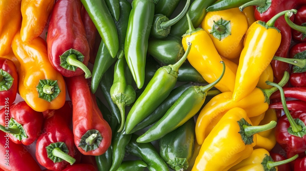 A variety of peppers, including green, yellow, and red, arranged together in a colorful mix A variety of peppers, including green, yellow, and red, arranged together in a colorful mix