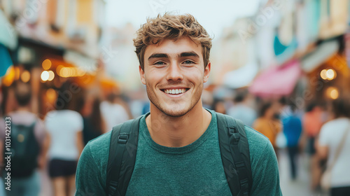 Smiling young man in a busy street setting