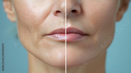 Before-and-after skincare post, showing the skin around a woman's mouth with visible lines and wrinkles, and after, smooth, rejuvenated skin with anti-aging products