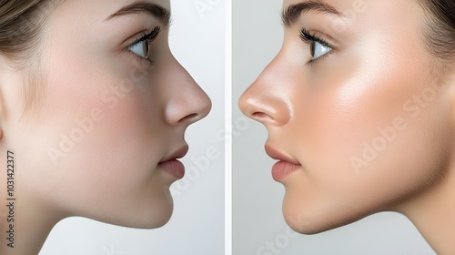 Rhinoplasty transformation profile, documenting the patient's nose with a large tip and uneven bridge pre-surgery, and a smooth, refined structure post-procedure photo