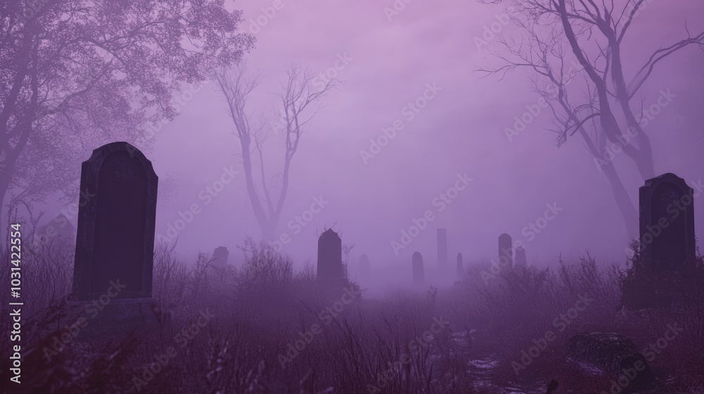 Graveyard in the Mist, a Haunting Purple Landscape Graveyard in the Mist, a Haunting Purple Landscape