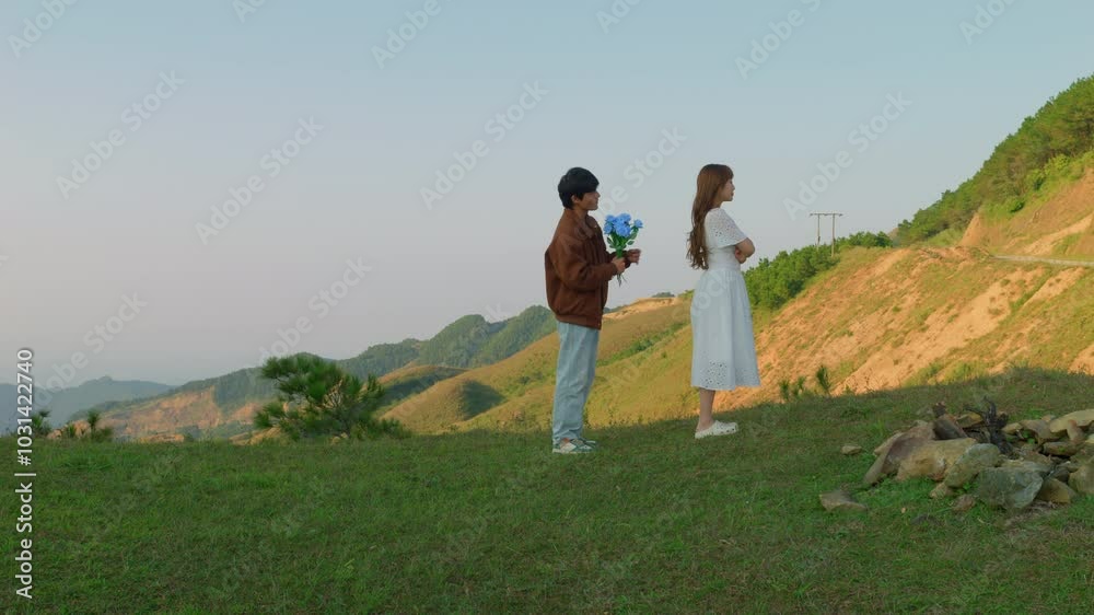 reconciliation forgiveness after breakup quarrel in relationship with blue flower in nature
