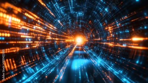 Abstract futuristic tunnel or dark corridor with light particles on digital technology Background