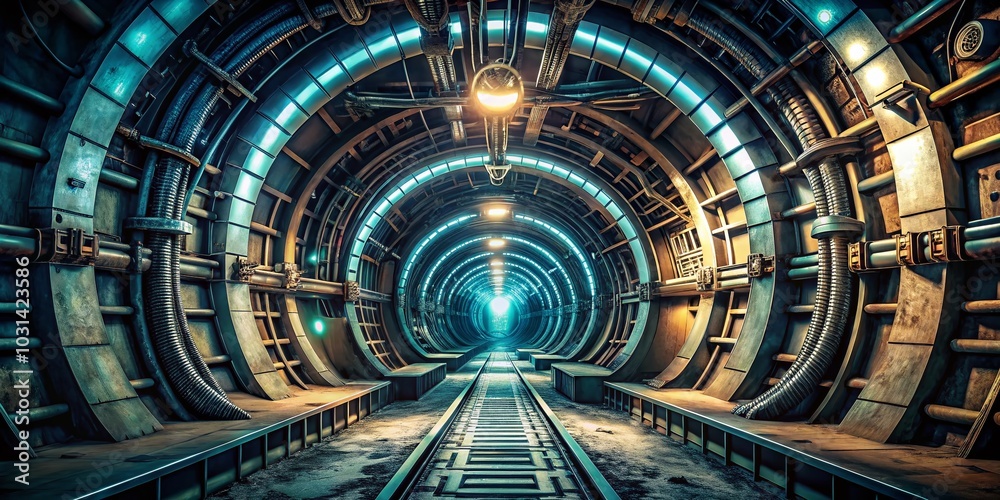 Obraz premium Futuristic Dimly Lit Tunnel with Circular Entrance - High-Tech Environment Photography