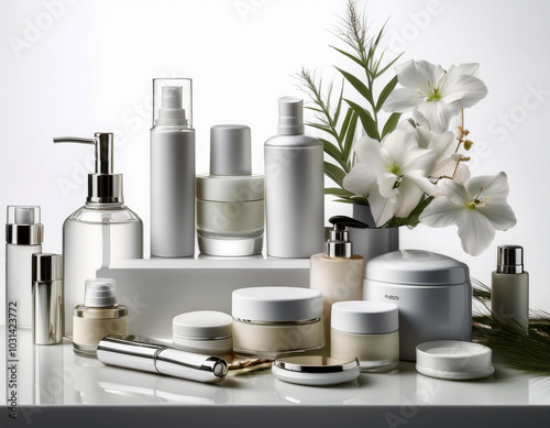 Varios botes de plastico blanco y de cristal con cosmética y crema corporal para el cuidado de la piel sobre fondo blanc
