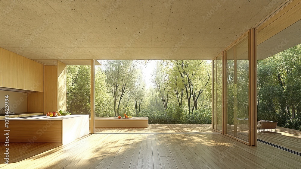 Obraz premium Modern interior with large windows showcasing a lush outdoor view.