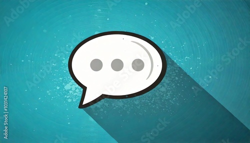 A speech bubble icon with three dots, set against a textured teal background, suggests communication or an ongoing thought.