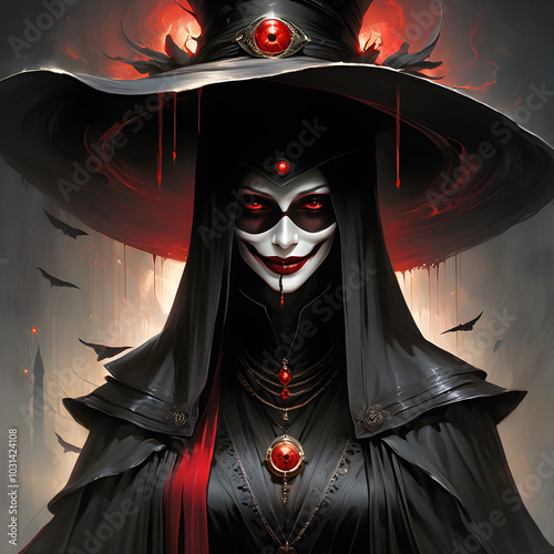  The painting presents a striking necromancer, cloaked in dark robes and a wide-brimmed hat, with a playful yet eerie smile. The rich colors and textured brush strokes create a mesmerizing effect, dra photo