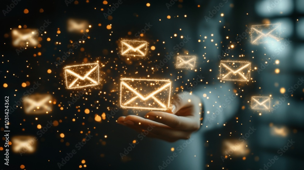 Hand Holding Glowing Email Symbols with a Background of Sparkling Lights