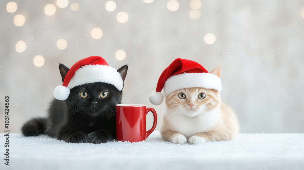 Two adorable cats wearing Santa hats are sitting together, one black and one orange, with red mug nearby. Their festive attire adds cheerful holiday spirit to scene Two adorable cats wearing Santa hats are sitting together, one black and one orange, with red mug nearby. Their festive attire adds cheerful holiday spirit to scene