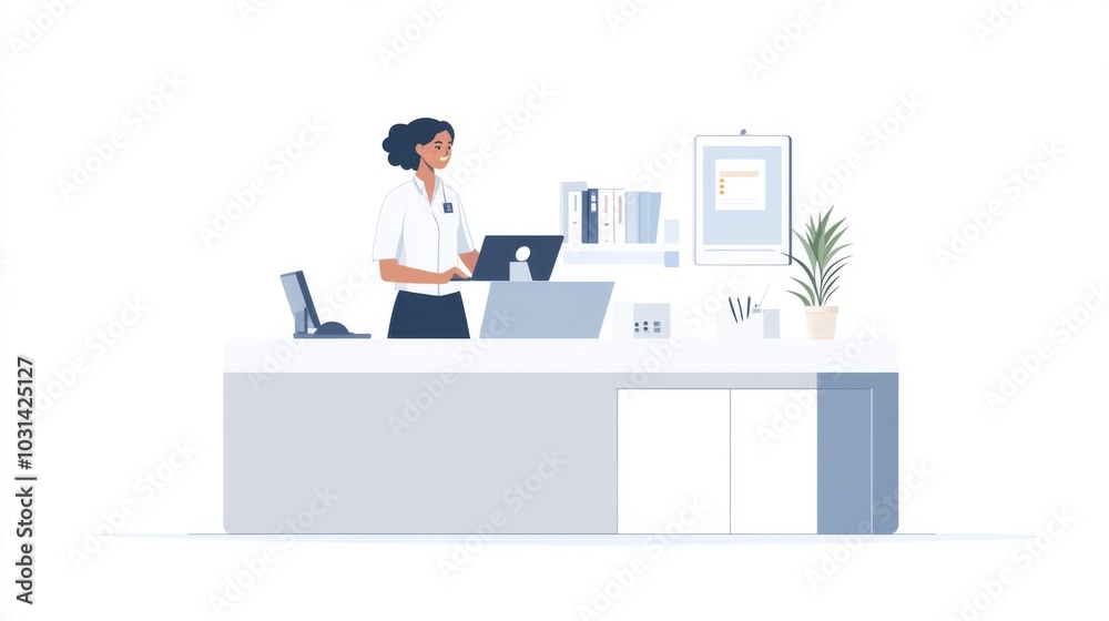 A smiling woman working at a reception desk with a laptop. A smiling woman working at a reception desk with a laptop.