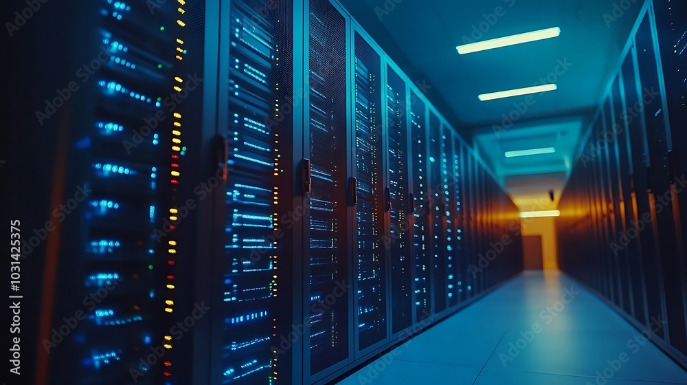 Rows of servers in a futuristic data center with holographic connections linking them, illuminated by soft blue light. Rows of servers in a futuristic data center with holographic connections linking them, illuminated by soft blue light.