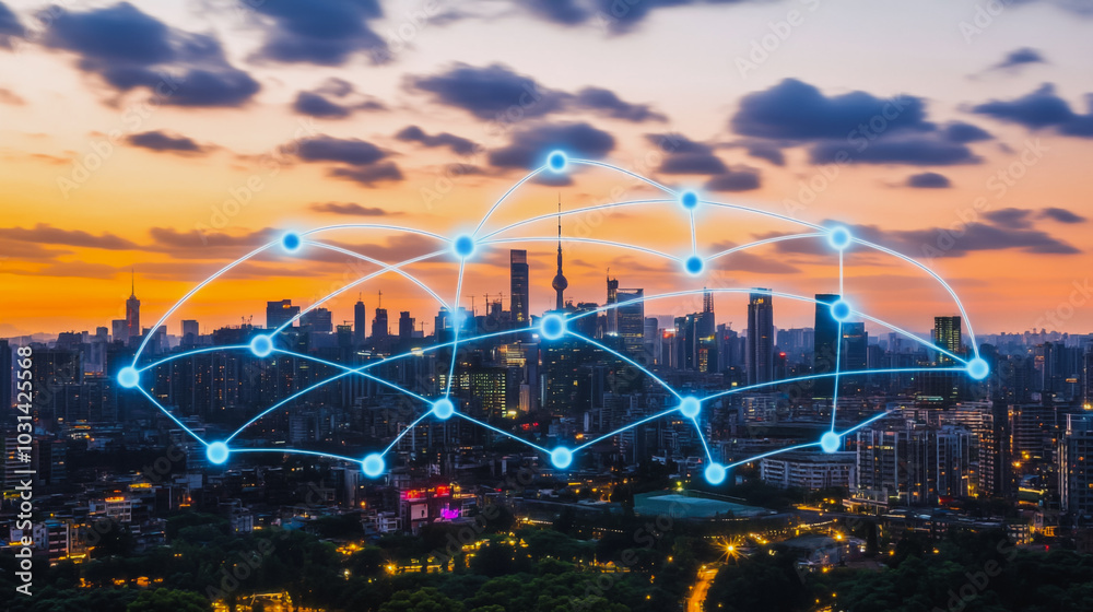 Obraz premium Smart digital Innovation city with connection network reciprocity over the cityscape. of future smart wireless digital city and social media networking systems that connects people with in city