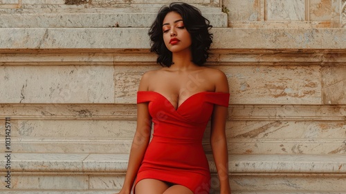 Beautiful woman in bold high heels, posed on a marble staircase with an elegant historic building in the background photo