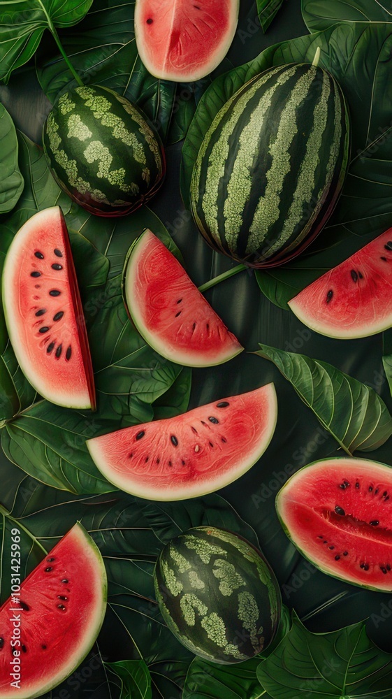 Top view of fresh watermelons with green leaves on green background Top view of fresh watermelons with green leaves on green background