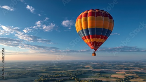 A colorful hot air balloon soaring over a picturesque landscape.