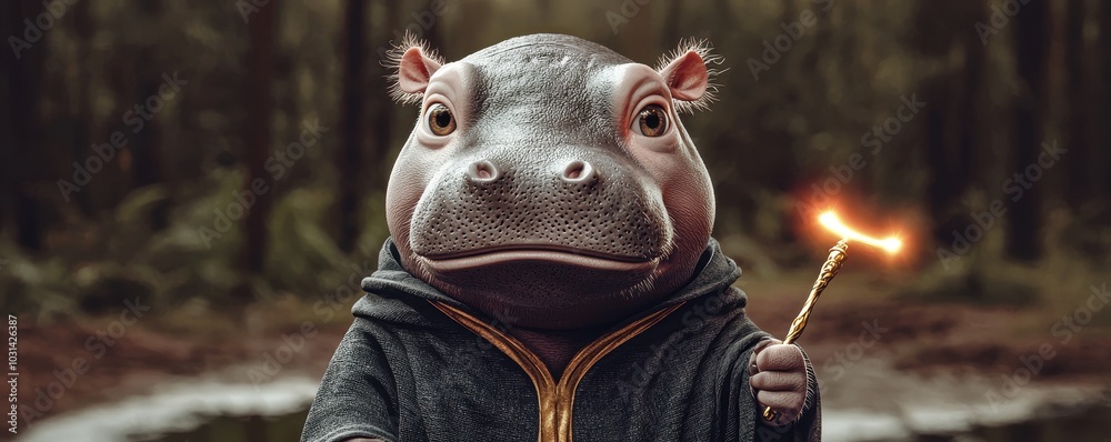 Baby hippo in a wizard's robe, sarcastic expression, detailed 3D render, magical forest background, glowing wand, Animals have cute poses. Baby hippo in a wizard's robe, sarcastic expression, detailed 3D render, magical forest background, glowing wand, Animals have cute poses.