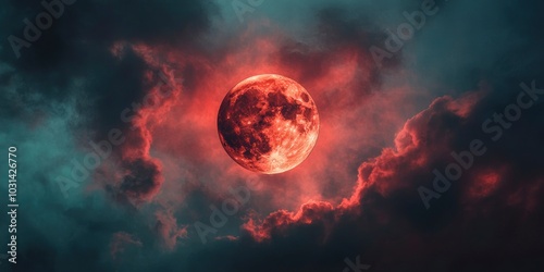 A red moon is in the sky. The sky is dark and cloudy. The moon is surrounded by clouds