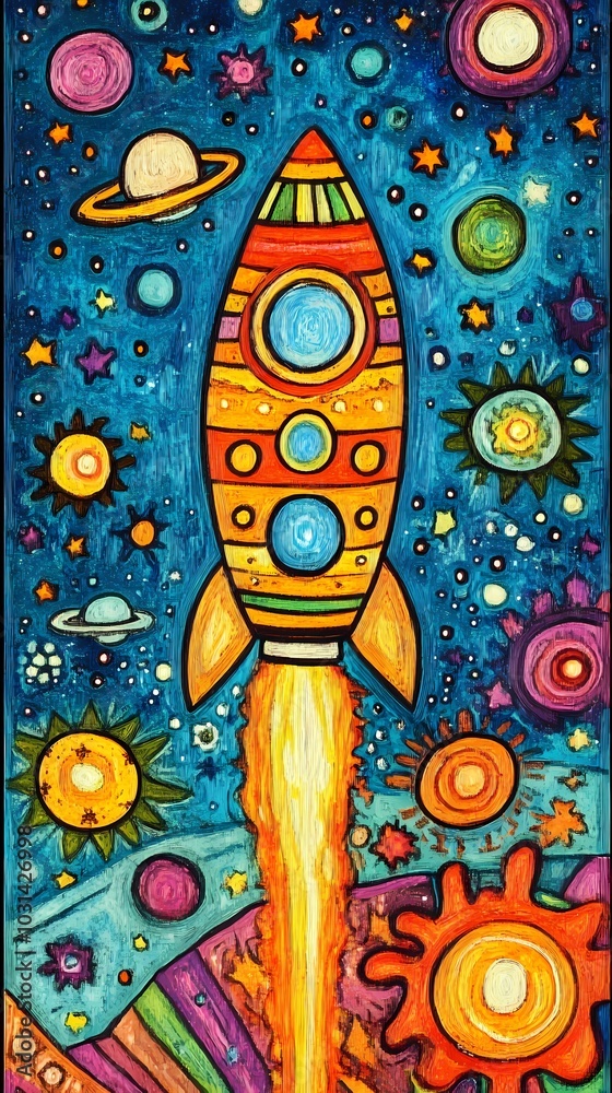 Fototapeta premium Colorful rocket blasting off into a vibrant outer space scene.