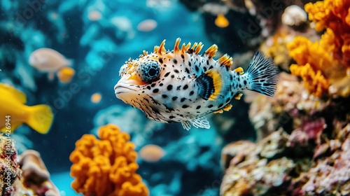 A vibrant underwater scene featuring a colorful fish among coral reefs.